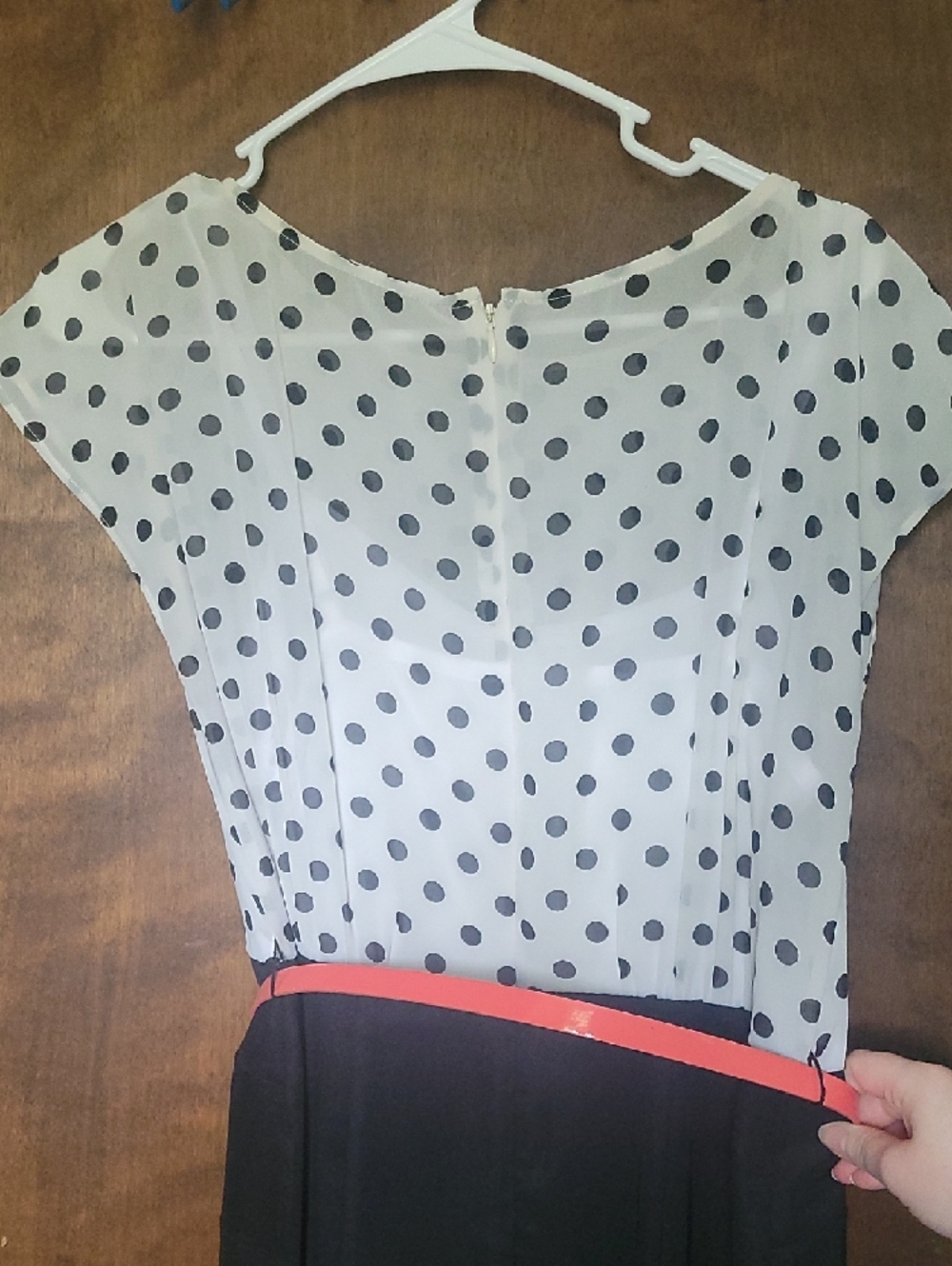 Polka Dot Bodice Black Midi Dress with Coral Belt - Picture 5 of 8